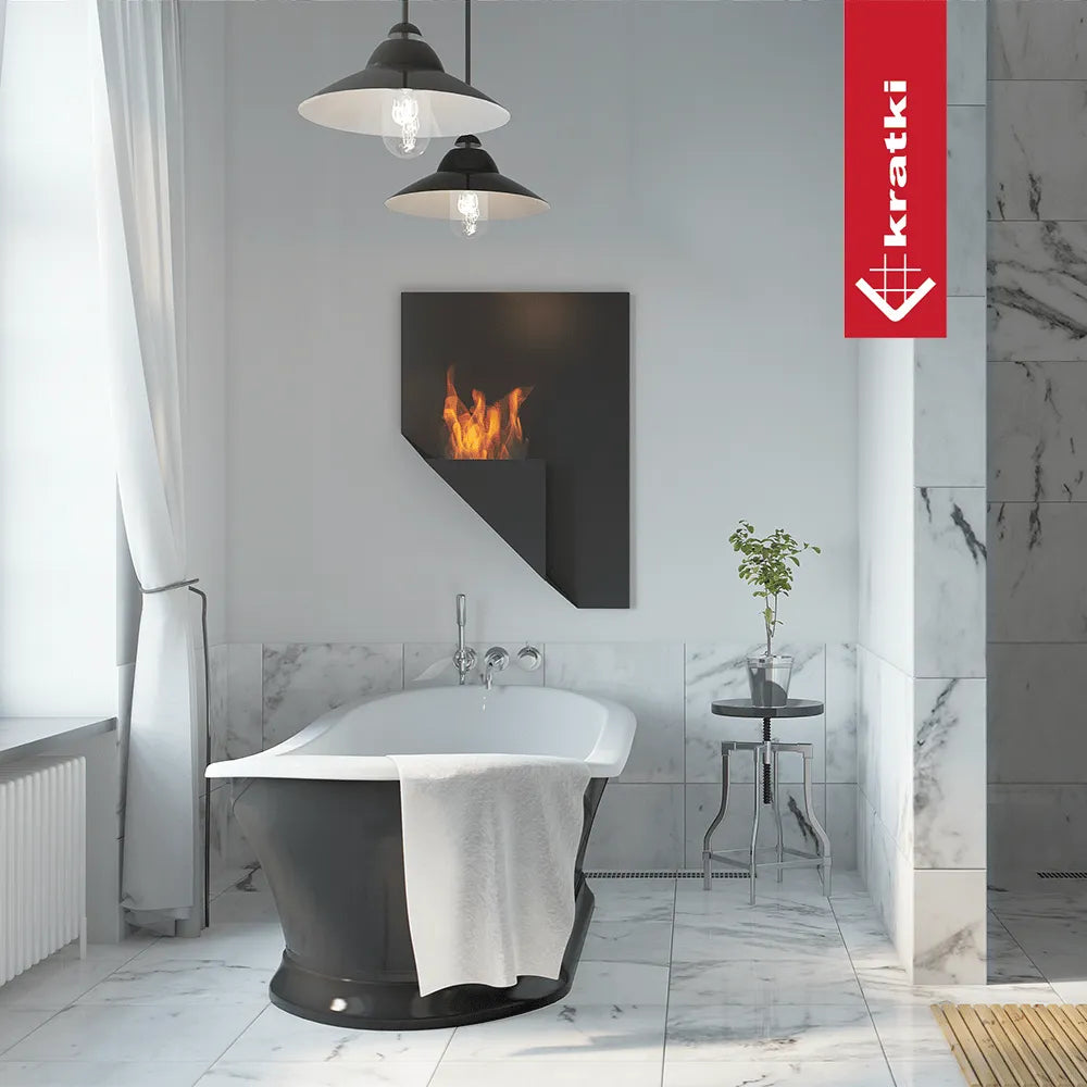 Moderne badkamer met Kratki Papa TÜV haard boven vrijstaand bad.