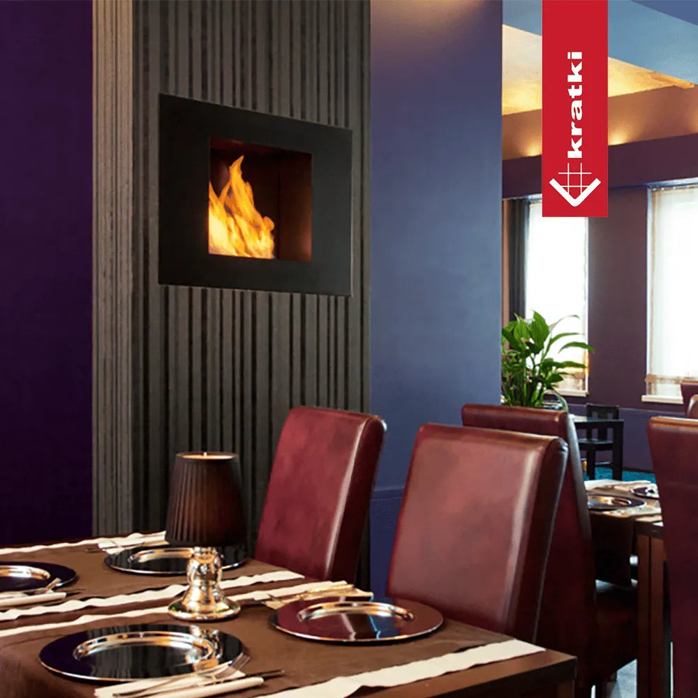 Kratki Quat TÜV haard in een stijlvol restaurant met paarse muren en rode stoelen.