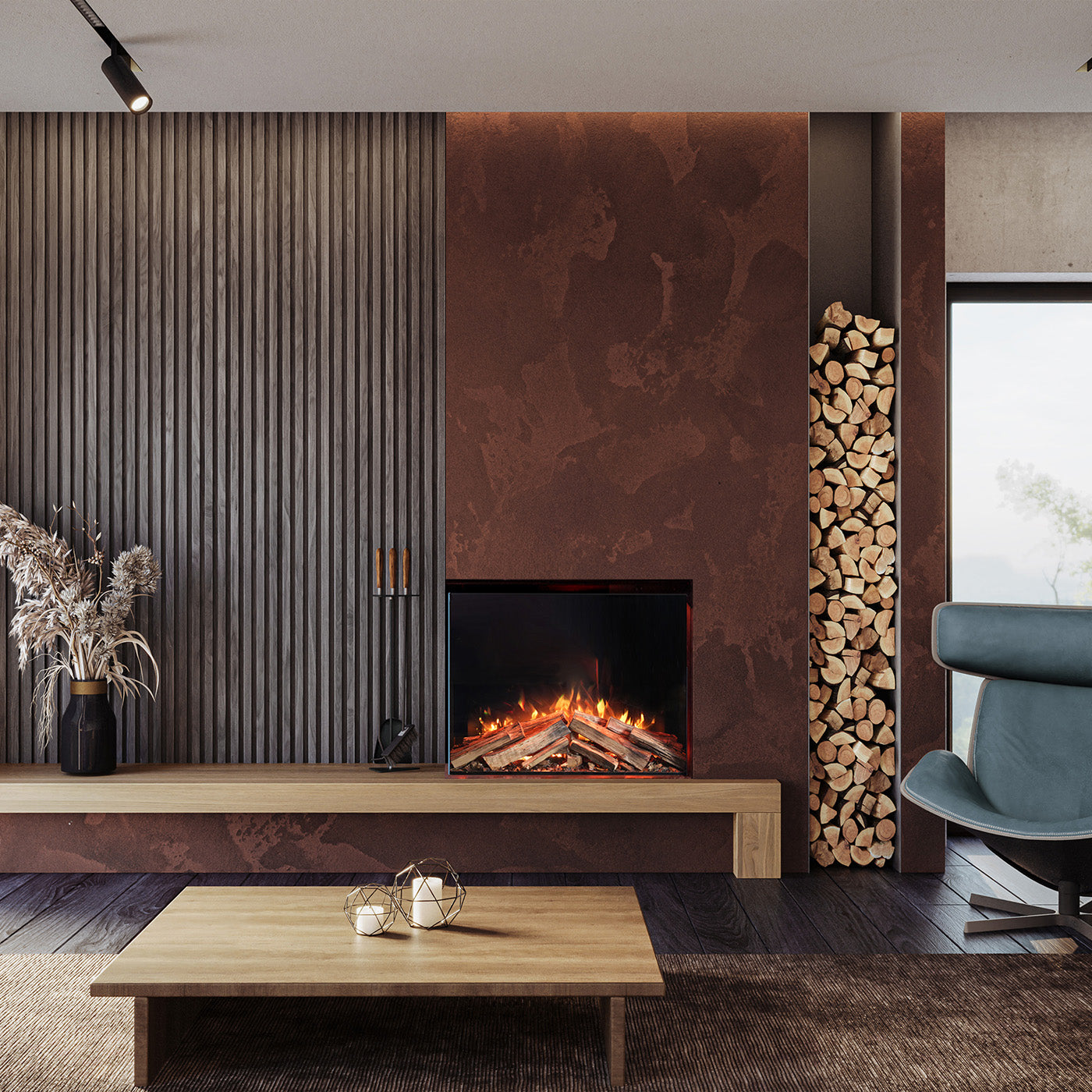 Moderne woonkamer met Element4 Elite 80 H e Supreme haard, houtopslag en minimalistisch interieur.