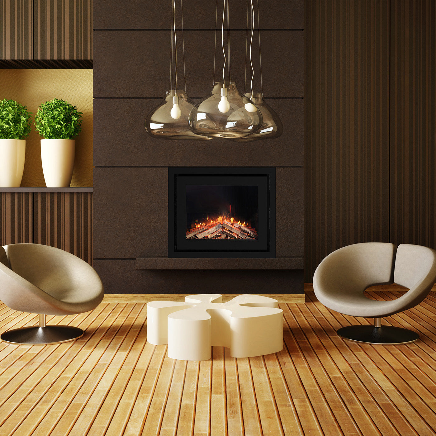 Moderne woonkamer met Element4 Elite 80 I E Supreme haard, hanglampen en stijlvolle meubels.