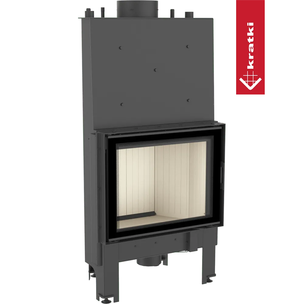 Kratki Nadia CV 10 kW houtkachel met glazen deur en zwart metalen frame.
