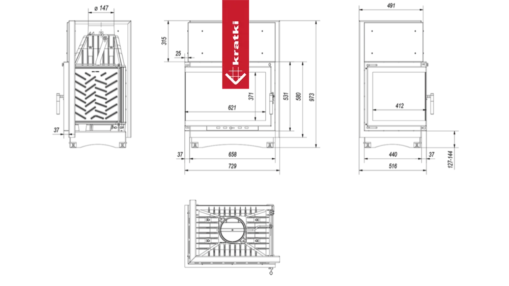 Technische tekening van Kratki Zuzia Links haard met afmetingen en zijaanzichten.