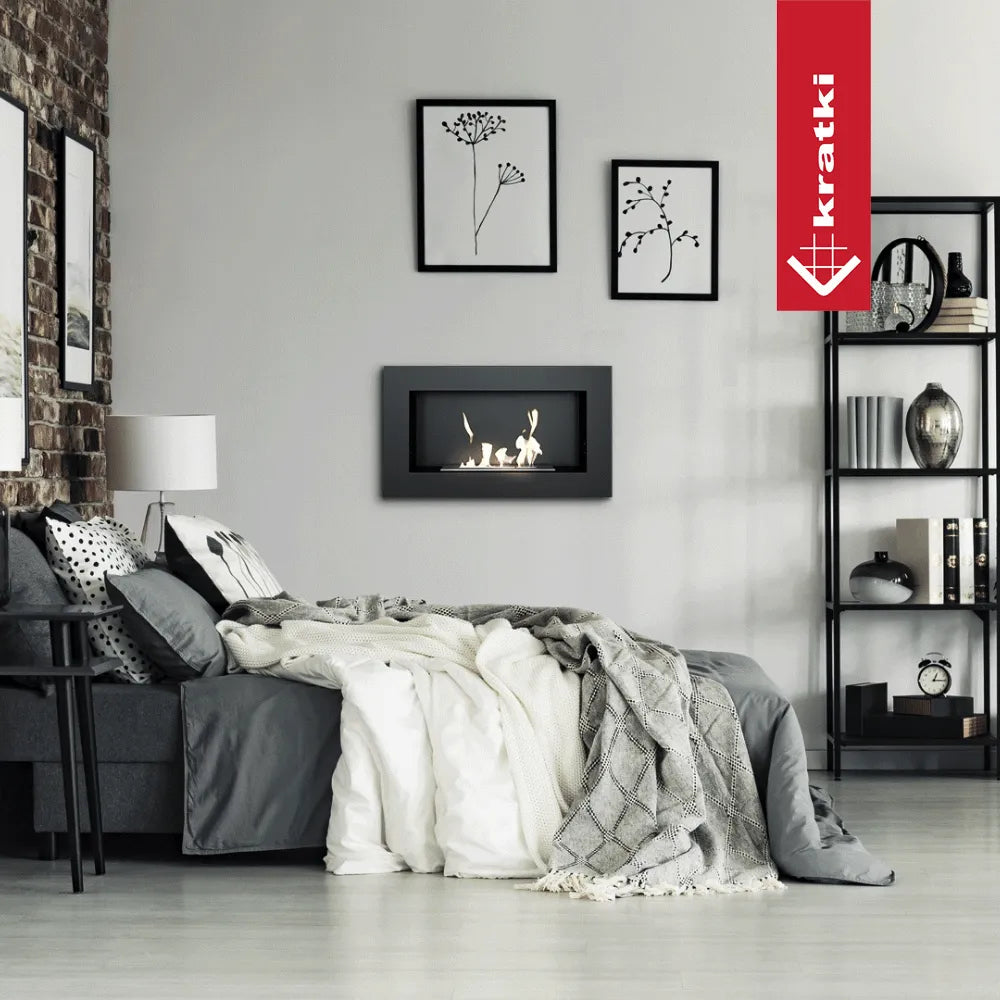 Moderne slaapkamer met Kratki Golf TÜV haard, grijze accenten en minimalistische kunst aan de muur.