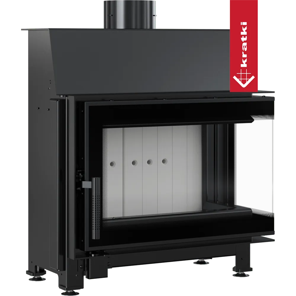 Kratki Simple S 8 kW Rechts, moderne zwarte houtkachel met glazen deur en zijpaneel.