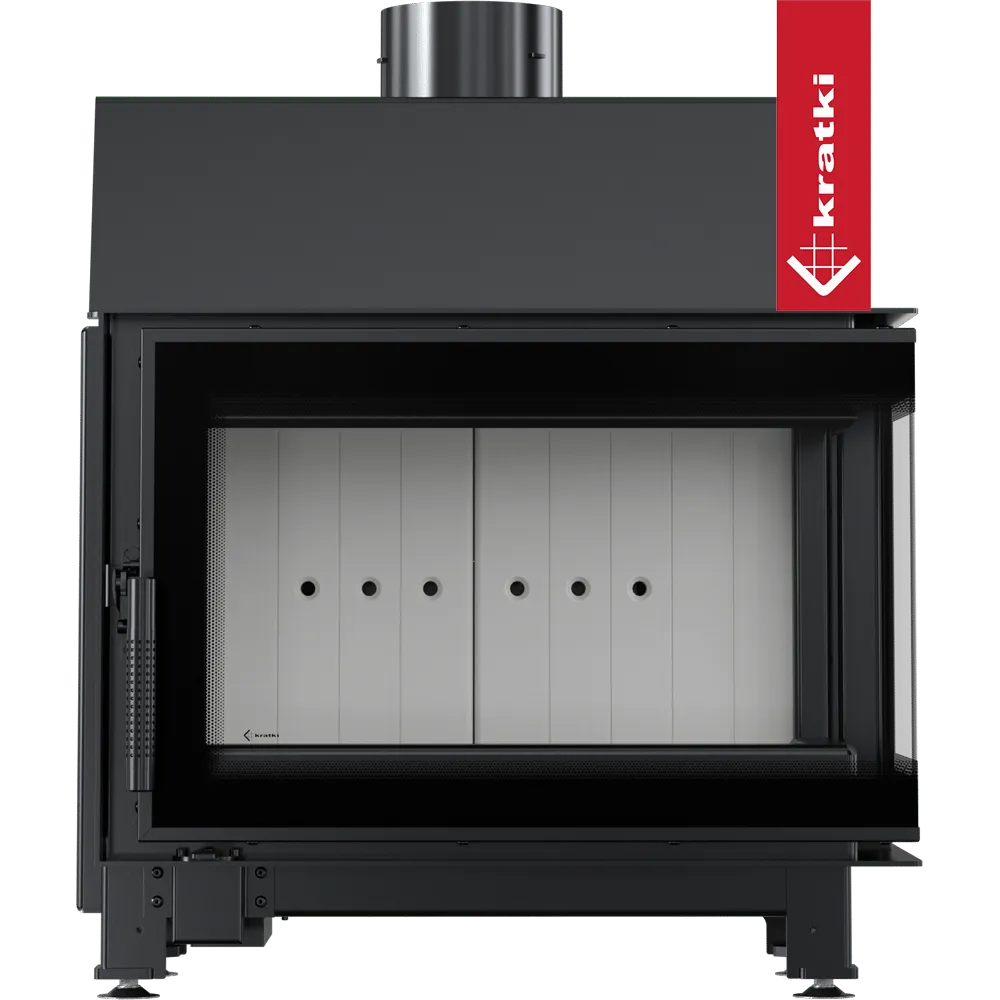 Kratki Simple S 8 kW Rechts, moderne zwarte houtkachel met glazen deur en metalen afwerking.