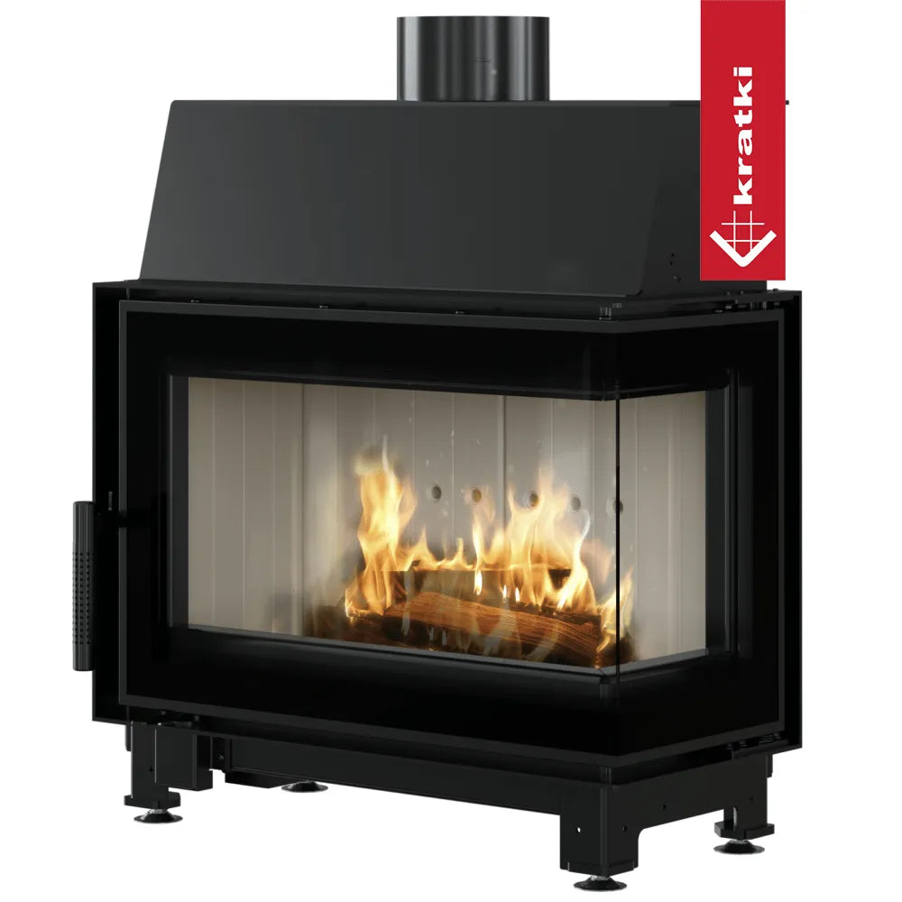 Kratki Simple S 8 kW Rechts, moderne houtkachel met glazen zijpaneel en brandend houtvuur.