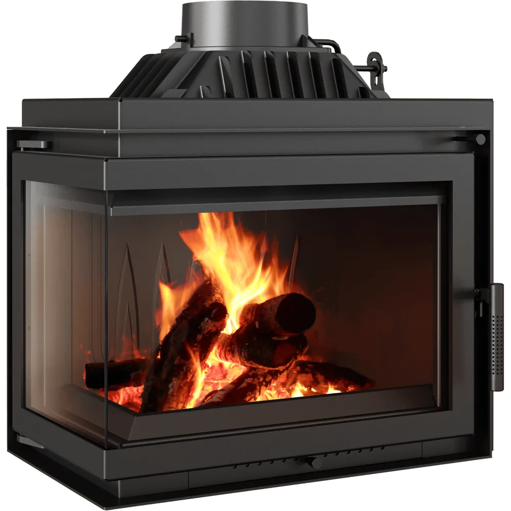 Kratki Simple M 10 kW Links, moderne hoekhaard met brandend houtvuur.