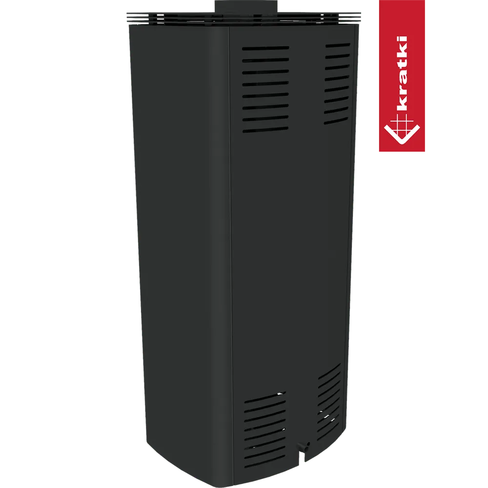 Zwarte Kratki AB Enyo R Gas kachel met ventilatieopeningen en strak, modern ontwerp.