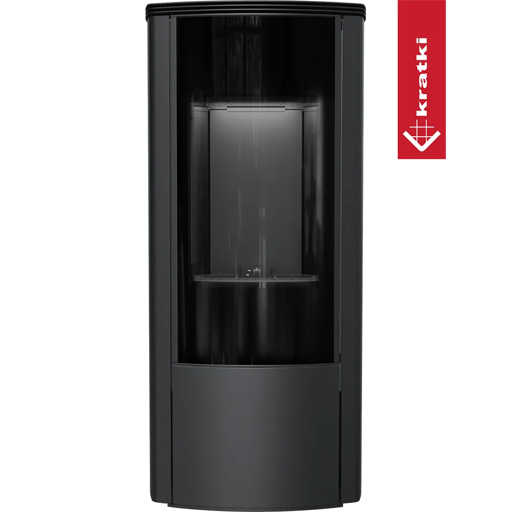 Kratki AB Enyo R Gas, moderne zwarte gaskachel met glazen deur en strak ontwerp.