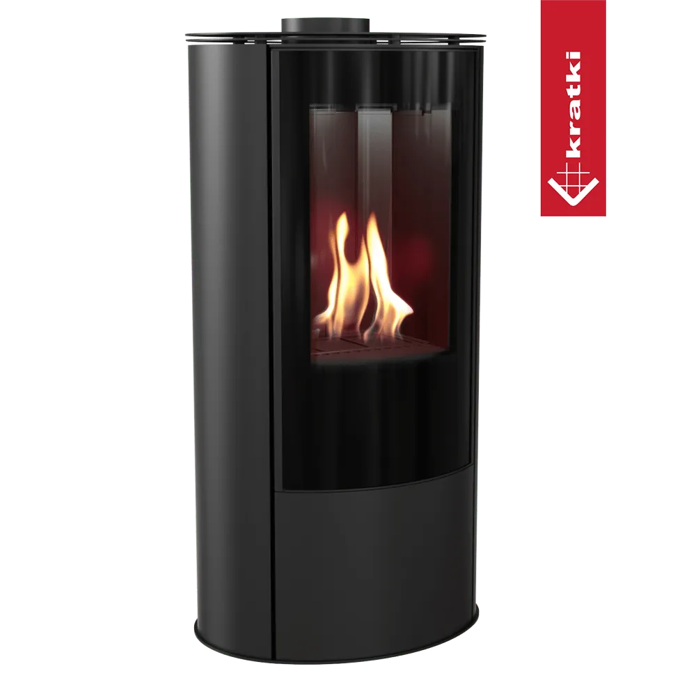 Zwarte, cilindervormige Kratki AB Enyo R Gas haard met zichtbare vlammen en glazen deur.