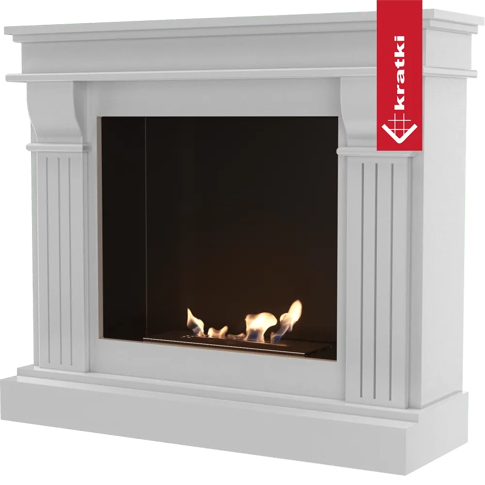 Witte Kratki August TÜV haard met klassieke details en brandende vlammen.