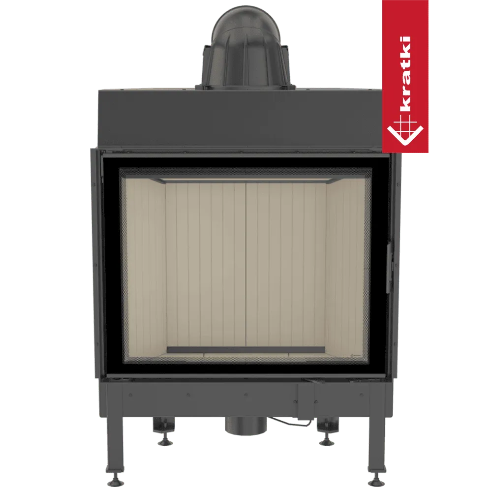 Kratki Nadia 13 kW houtkachel met glazen deur en zwart metalen frame.