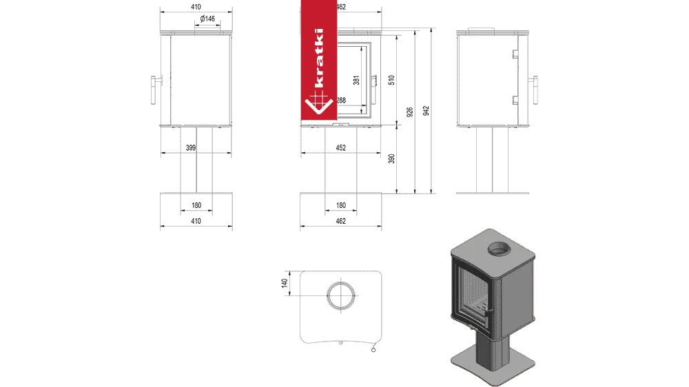 Technische tekening en 3D-weergave van de Kratki K5 houtkachel met afmetingen.
