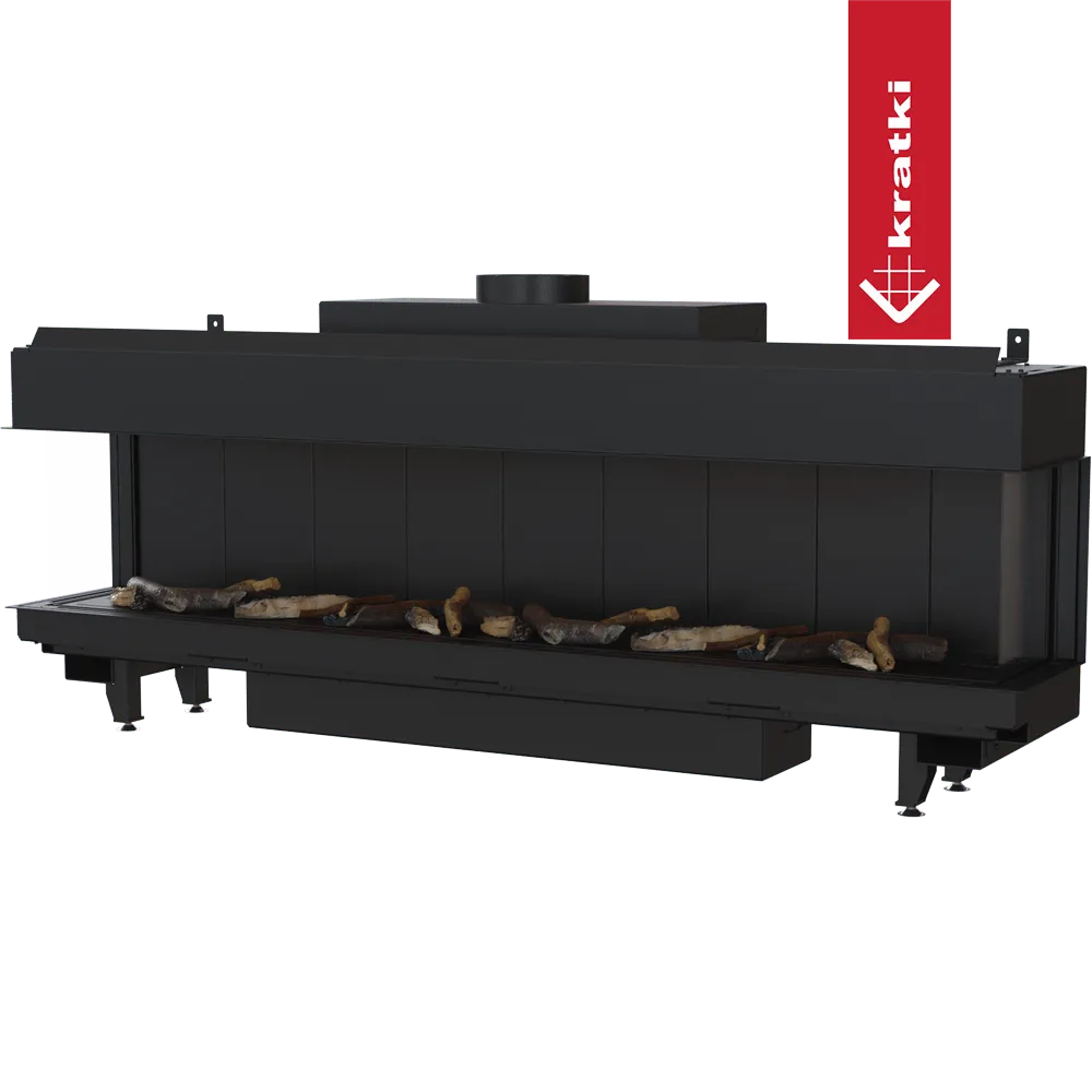 Kratki Leo 200 Links & Rechts, moderne inbouwhaard met houtblokken en glazen zijpanelen.