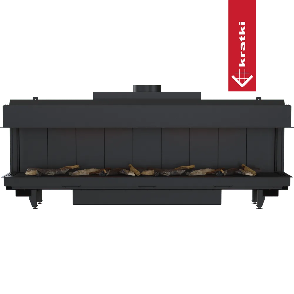 Kratki Leo 200 Links & Rechts, moderne inbouwhaard met stenen decoratie en zwart metalen afwerking.