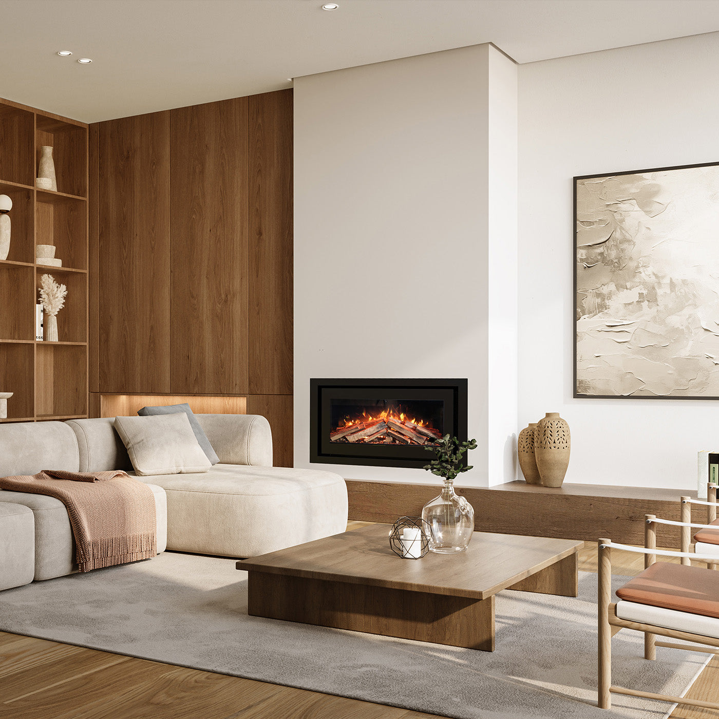 Moderne woonkamer met Element4 Elite 90 I E Supreme haard, houten meubels en abstract schilderij.