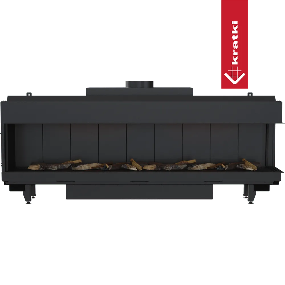 Kratki Leo 200 Rechts, moderne inbouwhaard met realistische houtblokken en strak zwart design.
