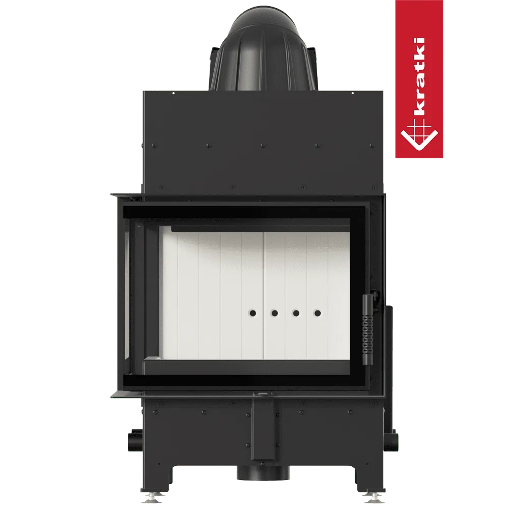 Kratki Floki S 8 kW Links, moderne zwarte houtkachel met glazen deur en witte binnenkant.