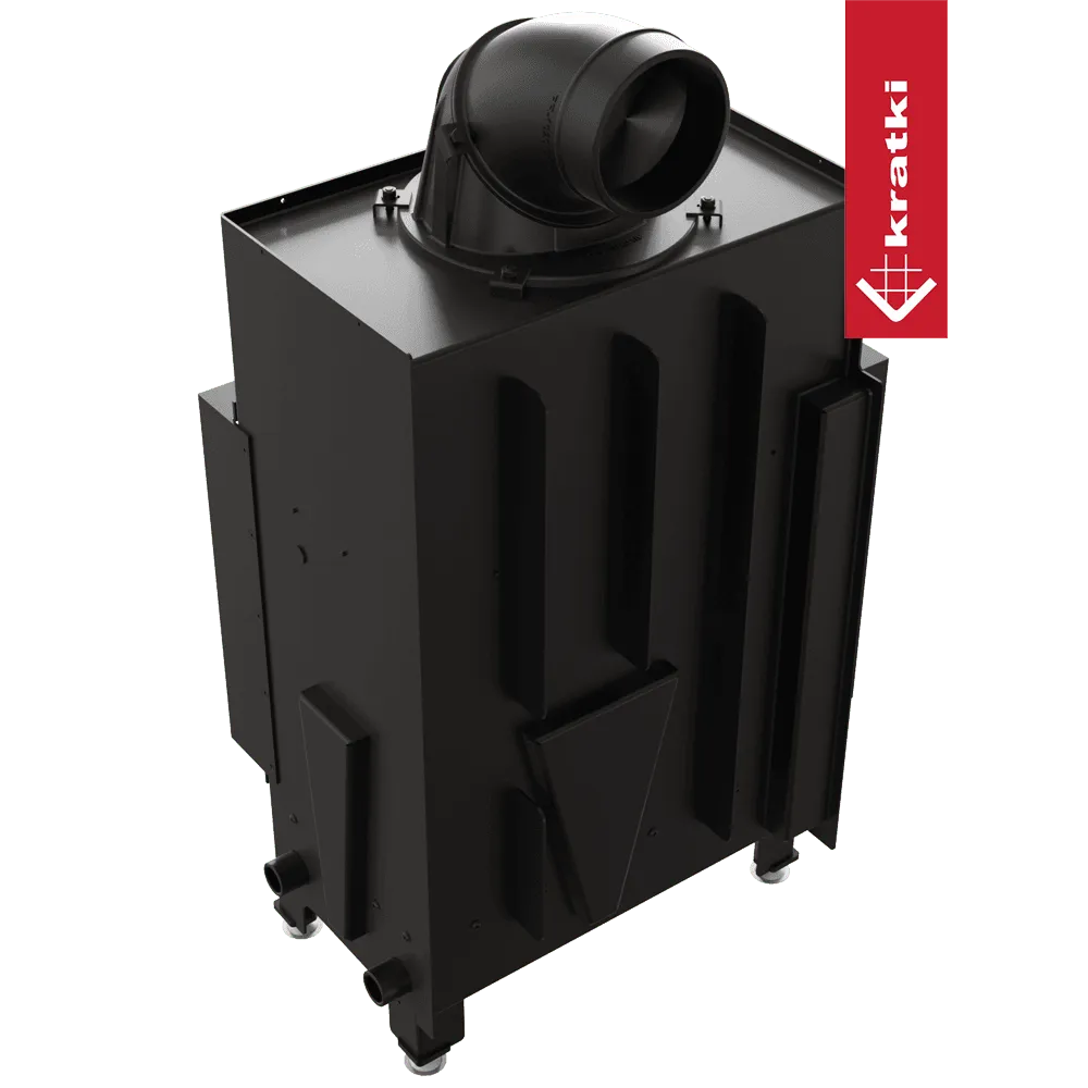 Zwarte Kratki Floki S 8 kW Links houtkachel met moderne, strakke vormgeving en bovenafvoer.