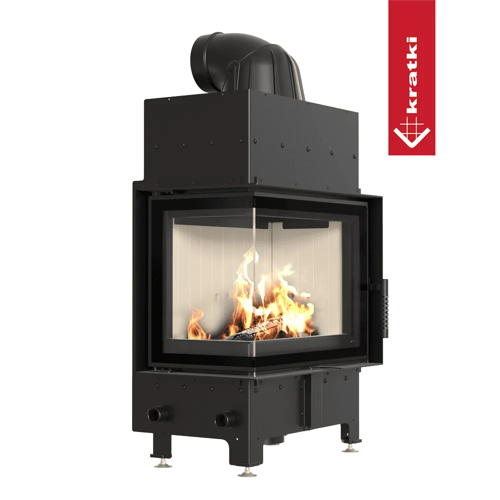 Kratki Floki S 8 kW Links, moderne hoekhaard met glazen zijpaneel en brandend houtvuur.