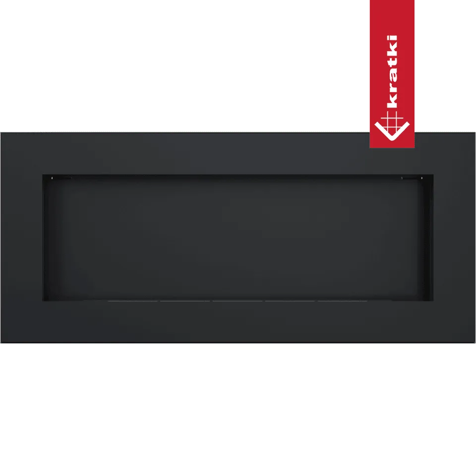Zwarte, rechthoekige Kratki Delta 2 Slim haard met minimalistisch ontwerp en rode merklabel.