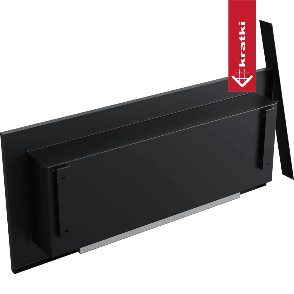 Zwarte, rechthoekige Kratki Delta 2 Slim haard met strak en modern ontwerp.