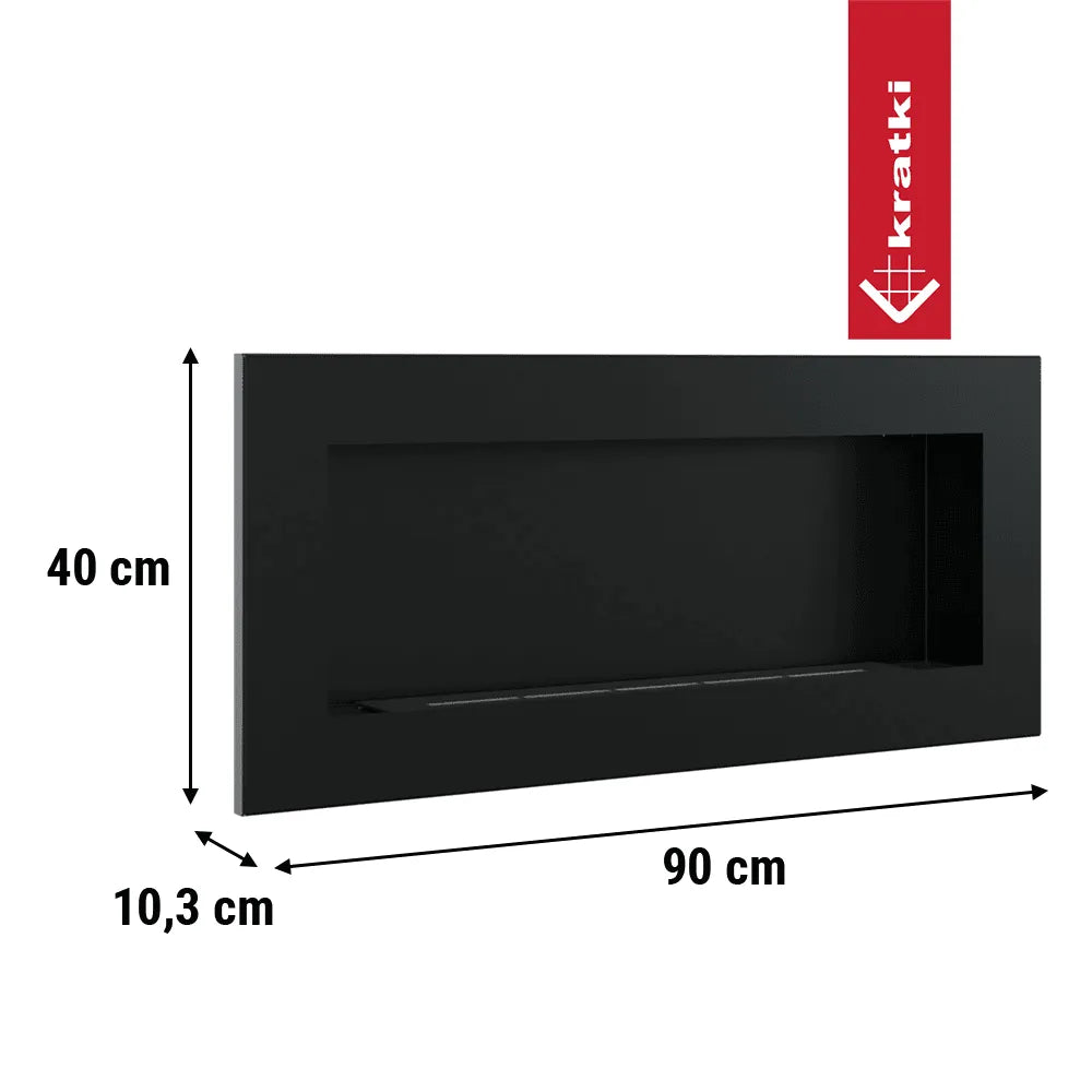 Kratki Delta 2 Slim, zwarte wandhaard met afmetingen: 40 cm hoog, 90 cm breed, 10,3 cm diep.