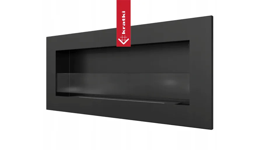 Zwarte, rechthoekige Kratki Delta 2 Slim haard met een minimalistisch en strak ontwerp.