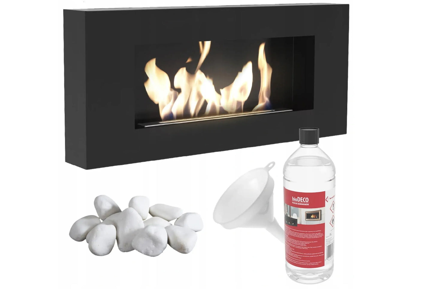 Kratki Delta TÜV zwarte bio-ethanol haard met witte stenen en fles bioDECO brandstof.