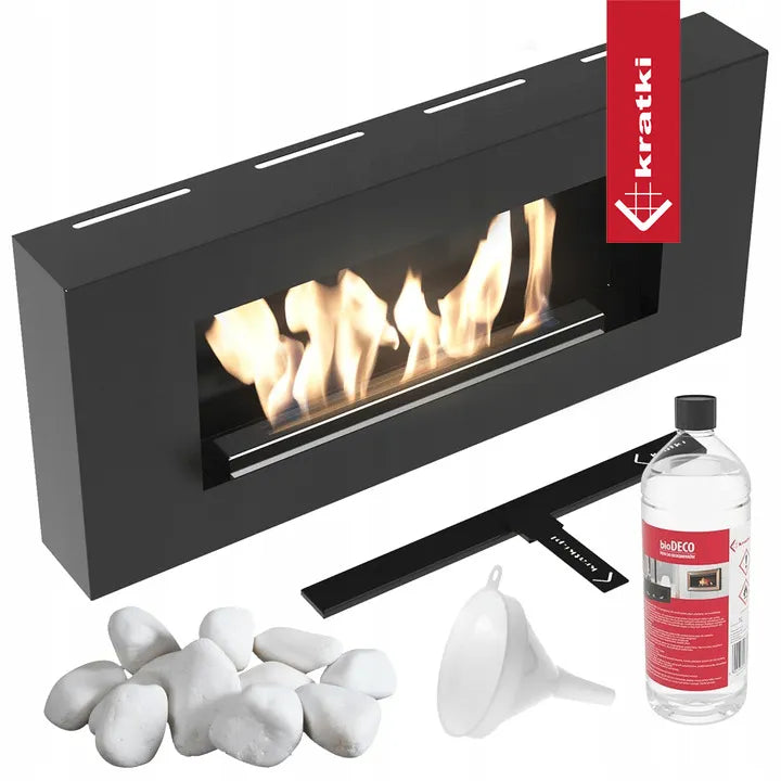 Kratki Delta TÜV haard met accessoires: witte stenen, trechter, aansteker en bio-ethanol fles.