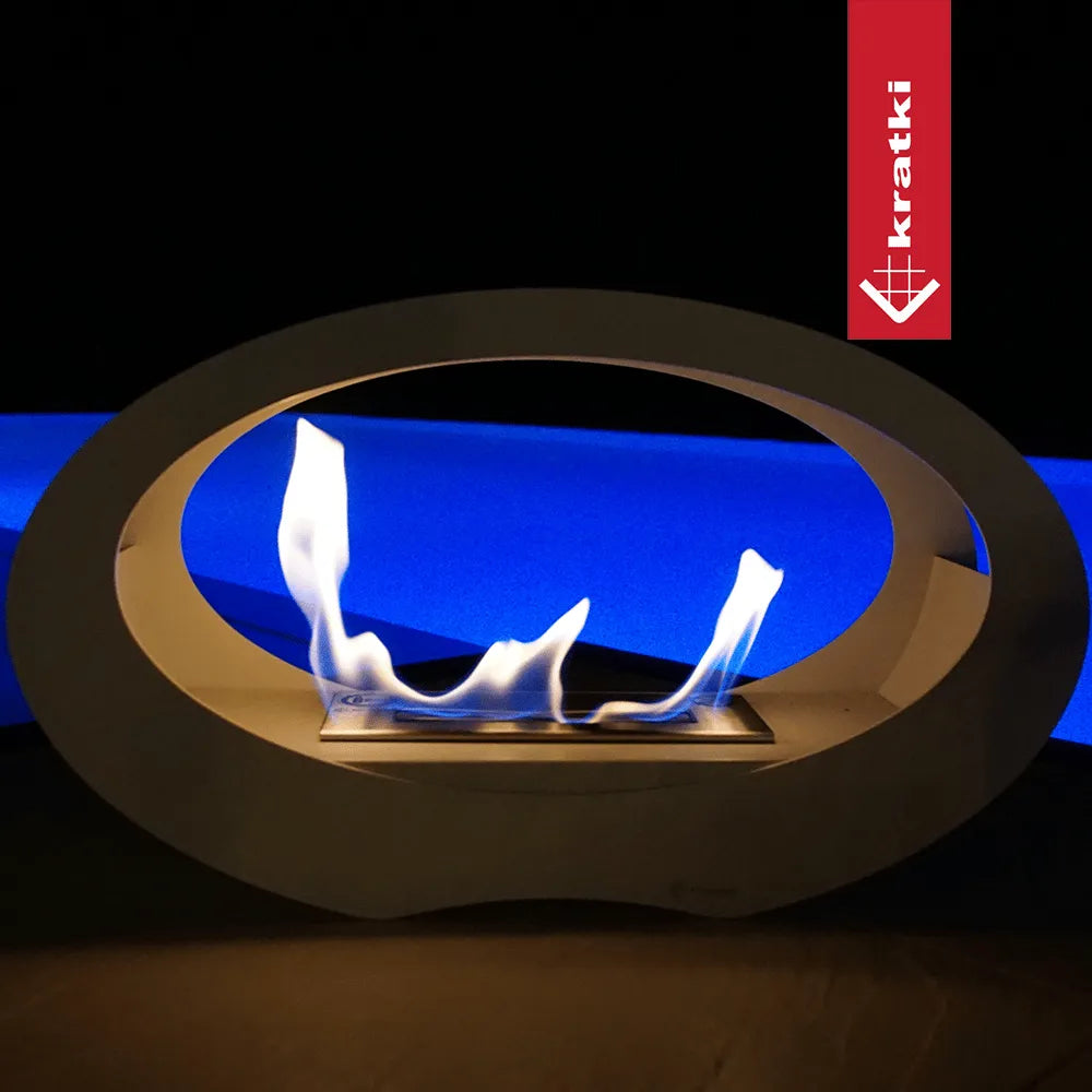 Kratki Echo biokachel met modern, ovaal ontwerp en blauwe achtergrondverlichting.