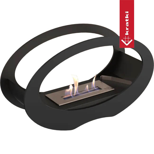 Zwarte, ovale bio-ethanol haard Kratki Echo met vlammen in een modern ontwerp.