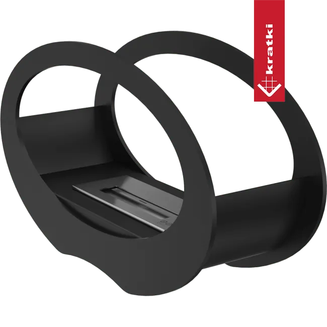 Zwarte, ovale Kratki Echo bio-ethanol haard met modern design en rode merklabel.