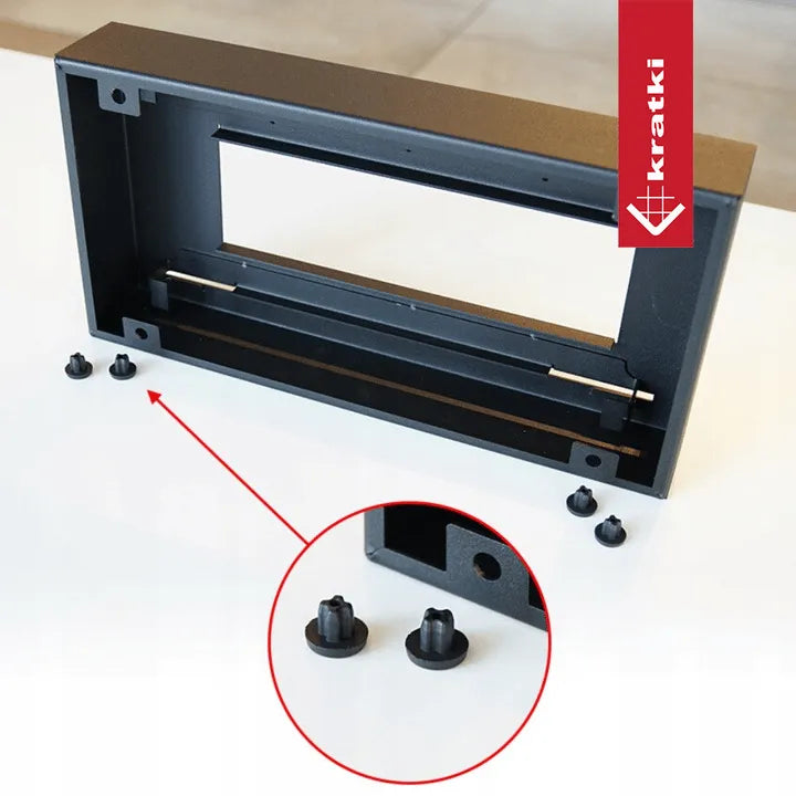Kratki Galina TÜV zwarte metalen frame met bevestigingsonderdelen, close-up van schroeven.