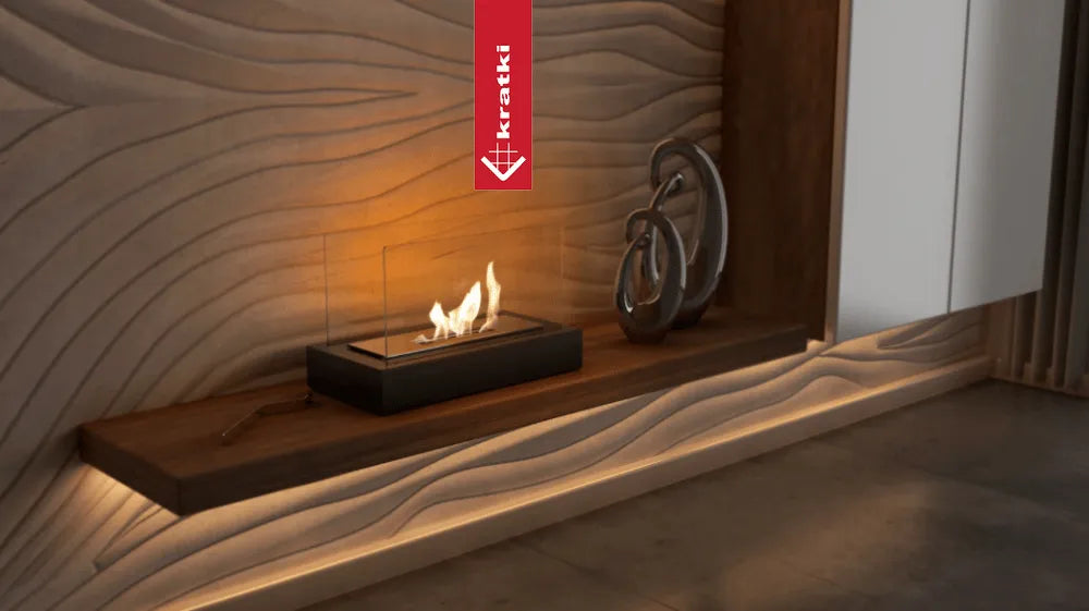 Kratki Galina TÜV haard op houten plank met moderne decoratie en sfeerverlichting.