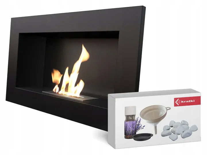 Kratki Golf TÜV zwarte bio-ethanol haard met accessoires, inclusief lavendelolie en decoratieve stenen.