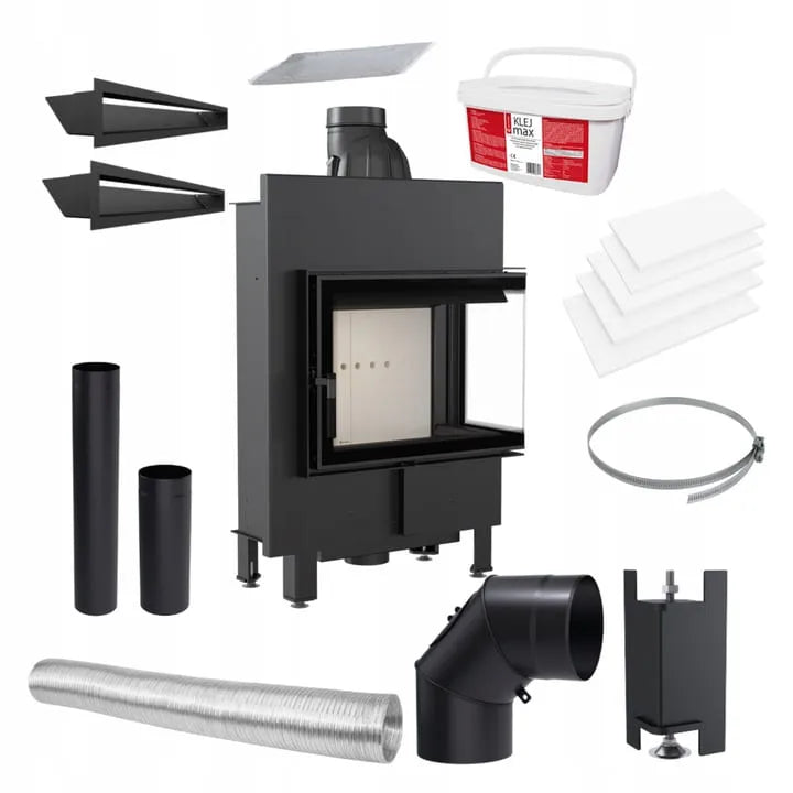Kratki Lucy 12 kW Slim Rechts haard met installatie-accessoires en montagebenodigdheden.