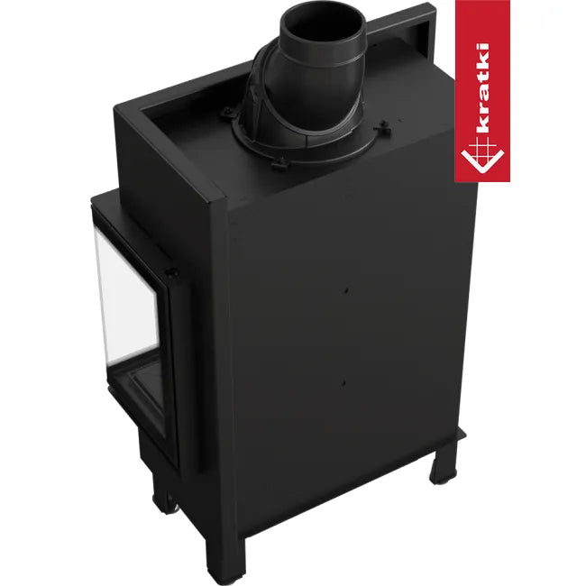 Zwarte Kratki Lucy 12 kW Slim Rechts houtkachel met glazen zijpaneel en rookafvoer bovenaan.
