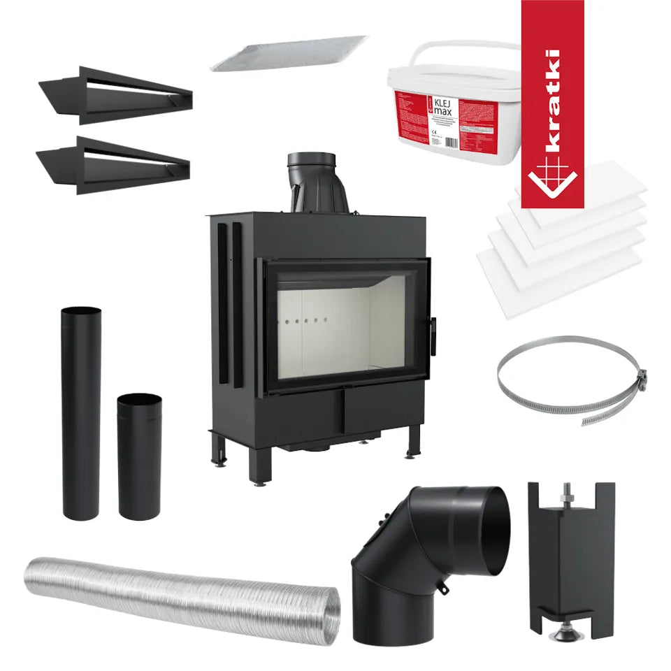 Kratki Lucy 14 kW houtkachel met installatie-accessoires, inclusief buizen, klemmen en isolatiemateriaal.