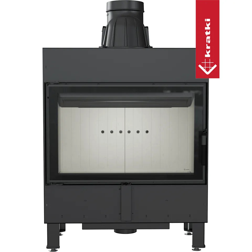 Kratki Lucy 14 kW houtkachel met glazen deur en zwart metalen frame.