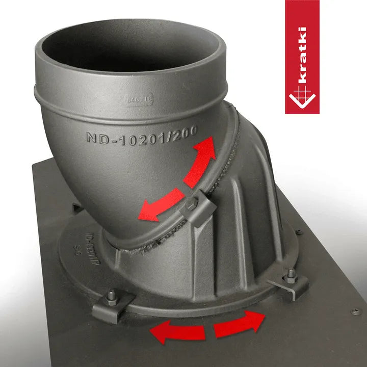Kratki Lucy 15 kW, metalen pijp met rode pijlen die de luchtstroomrichting aangeven.