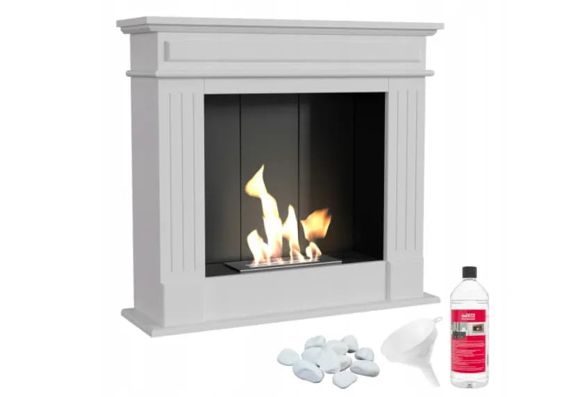 Witte Kratki November Rechts TÜV haard met accessoires: stenen, trechter en brandstof.