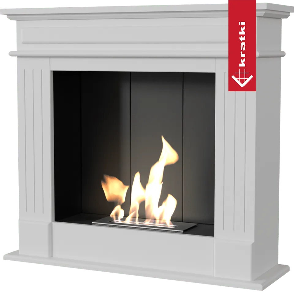 Witte Kratki November Rechts TÜV haard met brandende vlammen en zwart interieur.