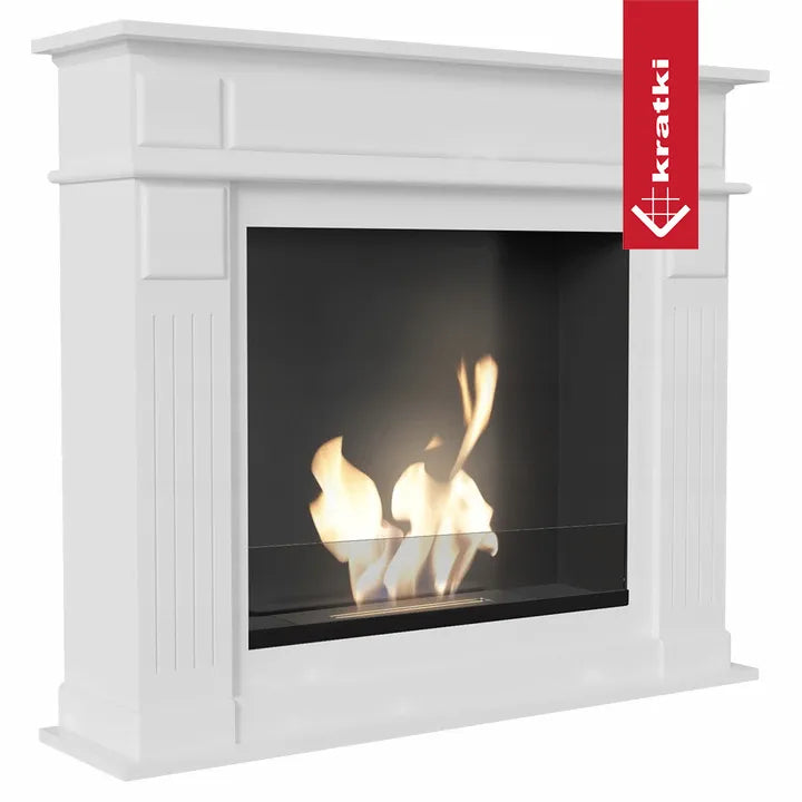Witte Kratki November TÜV haard met brandende vlammen en strak, klassiek ontwerp.