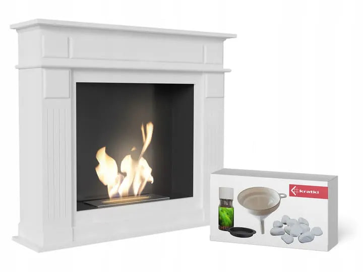Witte Kratki November TÜV haard met accessoires, inclusief stenen, trechter en brandstof.