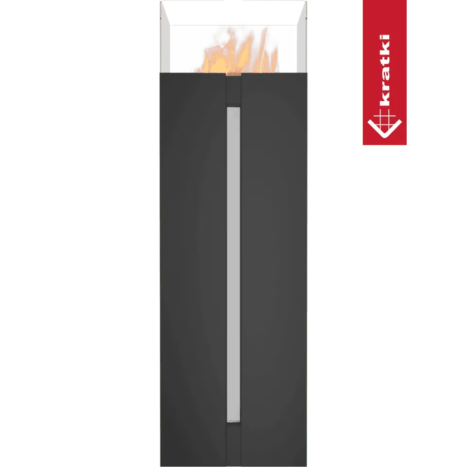 Zwarte Kratki Romeo TÜV bio-ethanol haard met verticale vlammen en glazen bovenkant.