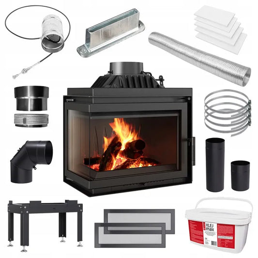 Kratki Simple M 10 kW Links Set 1 met accessoires en brandend haardvuur.