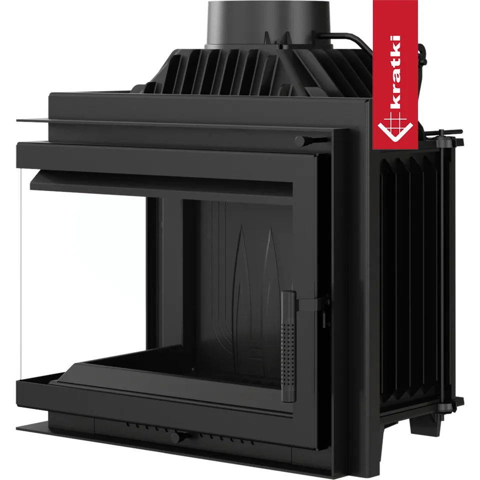 Kratki Simple M 10 kW Links Set 1, moderne zwarte houtkachel met glazen zijpaneel.