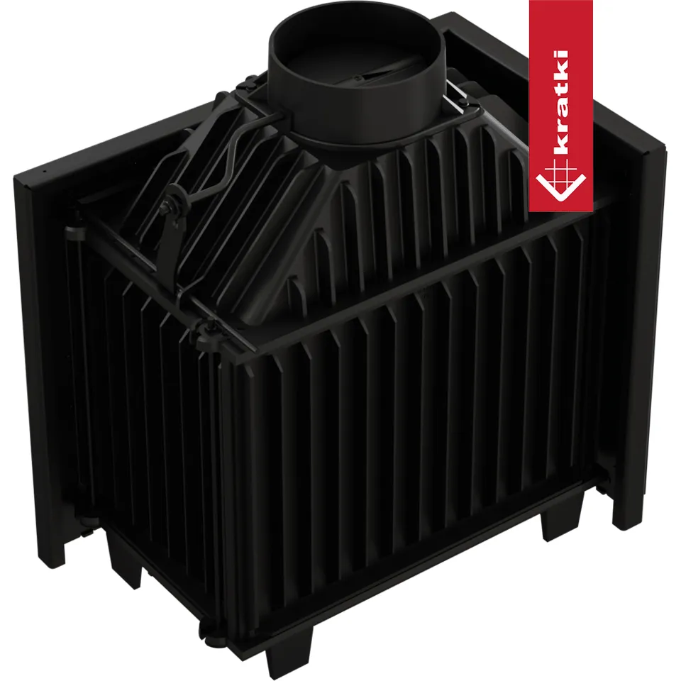 Kratki Simple M 10 kW Links Set 1, zwarte gietijzeren houtkachel met moderne vormgeving.