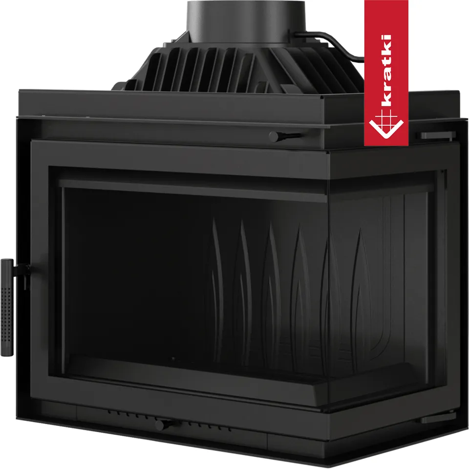 Kratki Simple M 10 kW Rechts Set 1, moderne zwarte houtkachel met glazen zijpaneel.